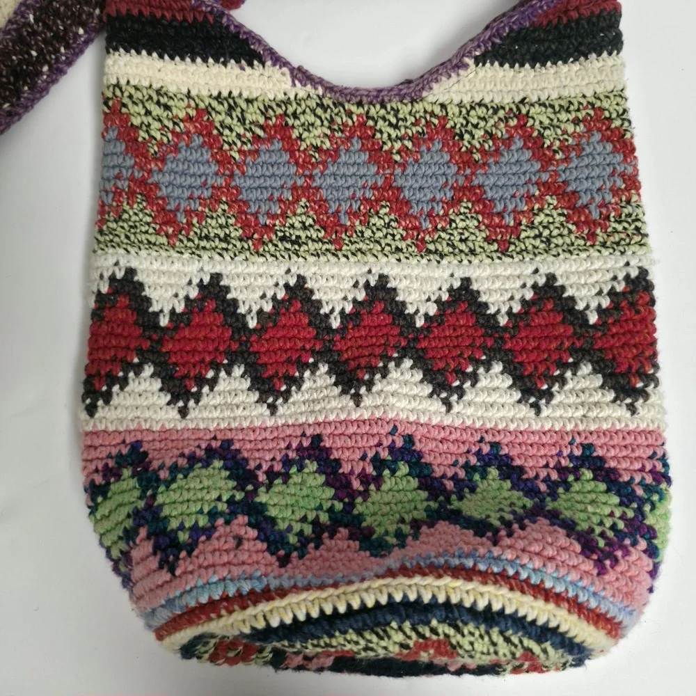 Vintage Boho Crochet Crossbody Bag Southwestern Geometric Knit Bucket Purse